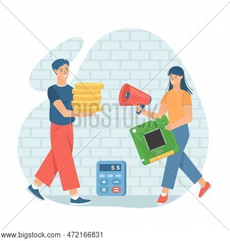 Man Buys A Microcircuit For Big Money. Global Microprocessors Shortage And High Demand. Microprocess