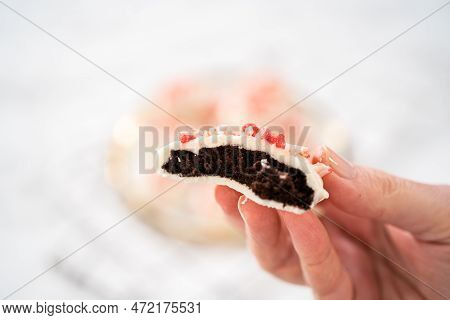 Stach Of Freshly Baked Peppermint White Chocolate Cookies On A Marble Background.