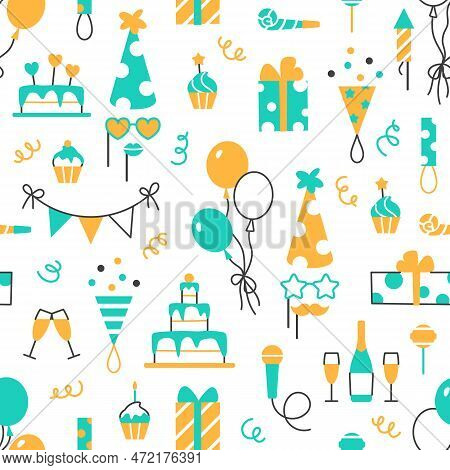 Birthday Event Party Anniversary Seamless Pattern Design. Color Flat Line Elements On White. Balloon