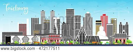 Taichung Taiwan City Skyline With Gray Buildings And Blue Sky. Vector Illustration. Business Travel 