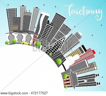Taichung Taiwan City Skyline With Gray Buildings, Blue Sky And Copy Space. Vector Illustration. Busi