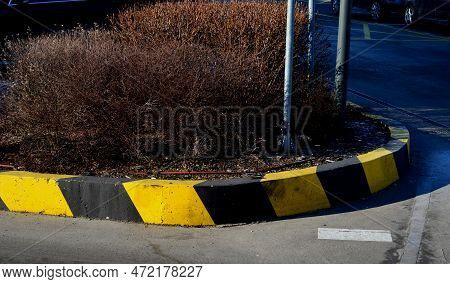 Parking Barrier In The Passage To The Park Between The Cars. Pedestrian Protection In Front Of Vehic