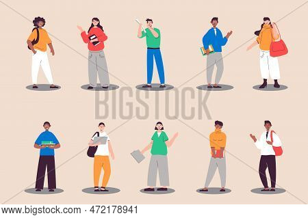 Students People Set In Flat Design. Happy Young Women And Men With Backpack And Books Studying At Un