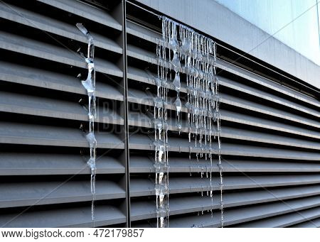 Ventilation Grille Along The House. Basement Windows Are Below Ground Level. Metal Walking Grid. Fou