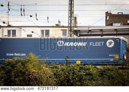 Cologne, Germany - November 6, 2022: Logo Of Krone Fleet On A Container And Trailer On A Freight Tra