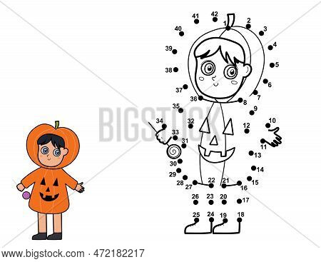 Dot To Dot Game For Kids. Connect The Dots And Draw A Cute Kid In Pumpkin Costume