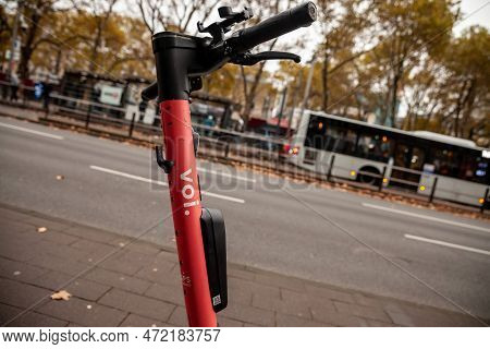 Cologne, Germany - November 6, 2022: Voi Logo On Electric Scooters To Rent In Cologne. Voi Technolog