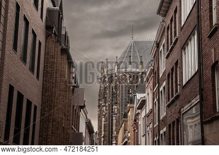 Aachen Cathedral Seen From The Old Town With Residential Buildings. Aachen Cathedral, Or Aachener Do