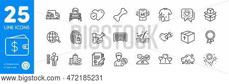 Outline Icons Set. Dog Bone, Voting Ballot And Dollar Wallet Icons. Parking Garage, Life Insurance, 