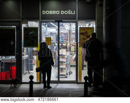 Belgrade, Serbia - April 4, 2021: Selective Blur On People, Serbs, Waiting In Front Of The Doors Of 