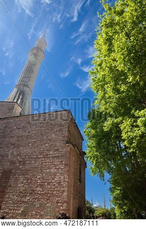 Detail Of A Minaret Of Ayasofya Camii Mosque, Also Called Haghia Sophia, A Former Orthodox Byzantine