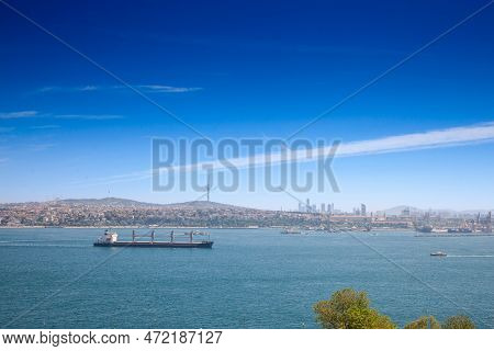 Panorama Of Haydarpasa Port With Its Cargo Terminal And A Supertanker Ship, A Large Boat, Sailing On