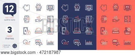 Set Of Mattress, Full Rotation And Puzzle Line Icons. Include Phone Messages, Survey, Fake News Icon