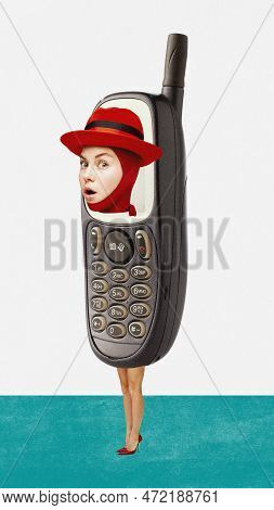 Contemporary Modern Artcollage About Strange Woman And Retro Mobile Phone. Female Stick Out From Gad