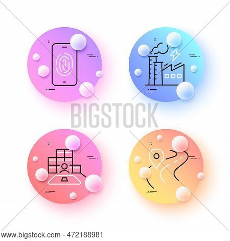 Road, Inventory And Fingerprint Minimal Line Icons. 3d Spheres Or Balls Buttons. Electricity Factory