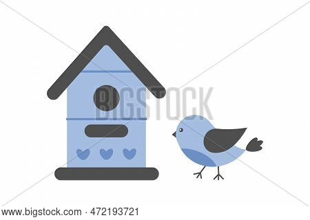 Cute Bird And Beautiful Blue Wooden Birdhouse. Protection Of Birds And Animals. Bird Day. For Design