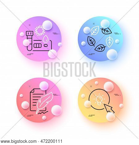 Feather Signature, Covid Test And Organic Tested Minimal Line Icons. 3d Spheres Or Balls Buttons. En