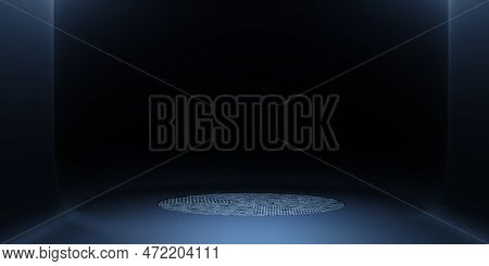 Circle Stage Podium Background Curved Wall Room. Neon Lights And Lasers Plain Circle. Dark Zen Conce
