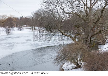 Frogner Park Pond During Winter, Public Park In Capital City. Oslo, Norway.