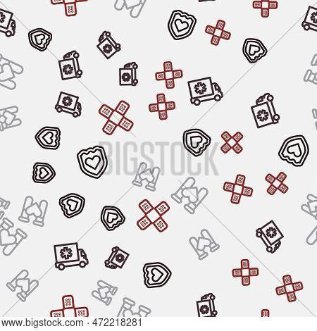 Set Line Immune System, Ambulance Car, Test Tube With Blood And Crossed Bandage Plaster On Seamless 