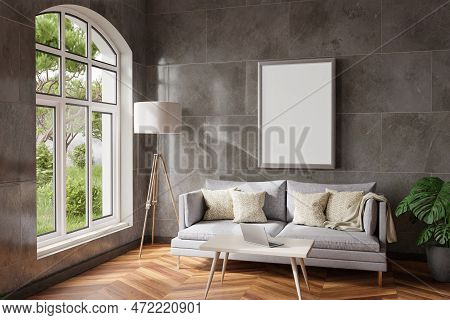 Cozy Living Room Interior In Room Corner; Sunlight Shining Trough Window; Floorlamp And Couch Table 