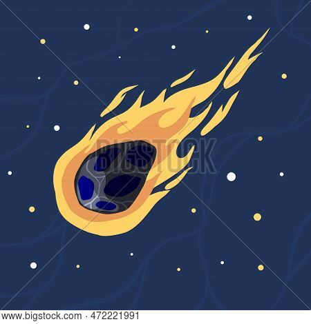 Flying Asteroid, Burning Comet On Background Of Night Sky. Astronomical Object With Tail Vector Desi