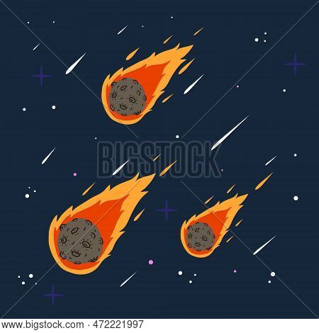Flying Asteroid, Burning Comet On Background Of Night Sky. Astronomical Object With Tail Vector Desi