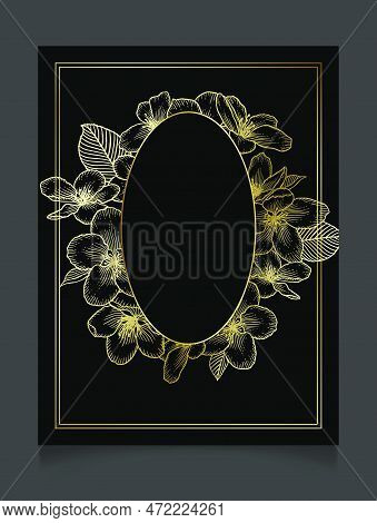 Floral Botanical Golden Oval Rame With Apple Flowers. Dark Elegant Card Template. Luxury Design For 