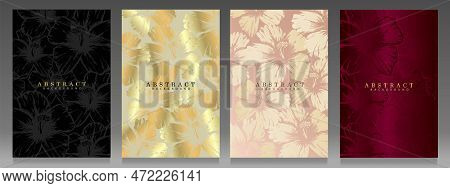 Luxury Cover With Hibiscus. Floral Pattern In Gold, Black, Pink And Magenta. Abstract Flowers, Silho