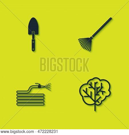 Set Garden Trowel Spade Or Shovel, Tree, Hose Fire Hose And Rake For Leaves Icon. Vector