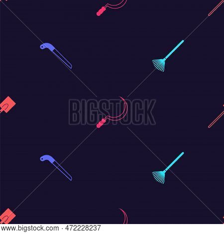 Set Garden Rake For Leaves, Saw, Sickle And Shovel On Seamless Pattern. Vector