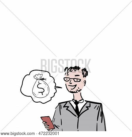 Bisinessman Sitting With Phone Actively Accomplishing Work And Tasks. Man Busy Typing Finishing His 