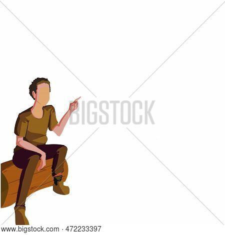 Young Man Sitting On Wood Log Discussing Latest News. White Dialogue Bubble Contains Important Infor