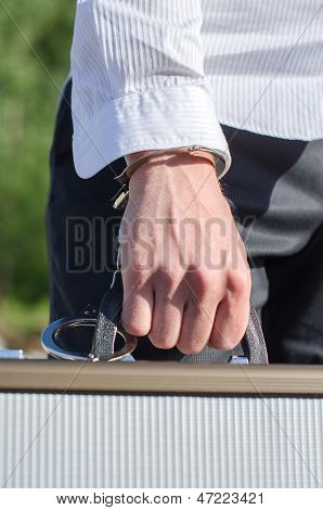 Zbliżenie męskiej ręki Enchained do walizki