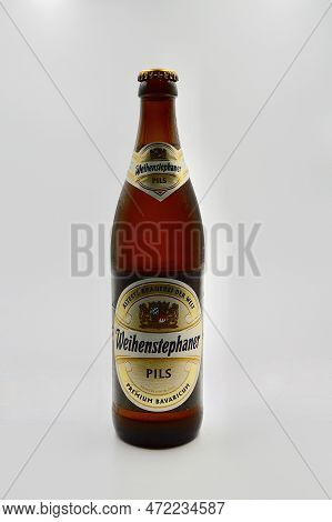 A Closeup Of A Bottle Of Weihenstephaner Pils Against A White Background. Blue Mountains, Nsw, Austr