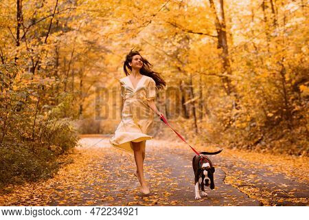 Young Woman With The Dog In The Park. Wind In The Hair. With Dog On A Walk In An Autumn Nature. Youn
