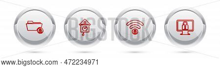 Set Line Folder And Lock, Retro Wall Watch, Wifi Locked And Lock On Monitor. Silver Circle Button. V