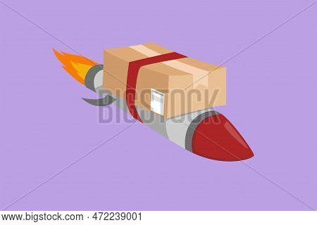Graphic Flat Design Drawing Of Box Package Flies In The Sky Using Rocket. E-commerce. Online Deliver