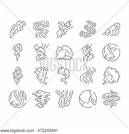 Smell Smoke Gas Nose Aroma Icons Set Vector. Sense Outline, Odor Scent, Hot Perfume, Warm Stink Shap