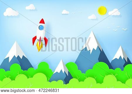 Space Rocket Launch To The Sky, Mountains, Trees And Clouds On Background. Vector Paper Art Or Paper