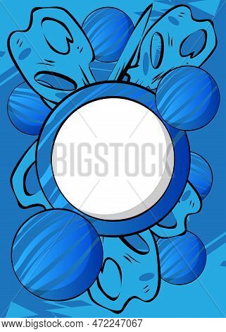 Comics Presentation With Blue Abstract Background. Comic Book Poster With Blank Sphere For Text. Adv