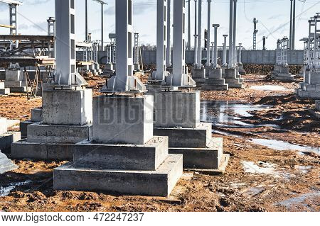 Monolithic Reinforced Concrete Foundation Or Grillage For The Construction Of A Modern Power Plant. 