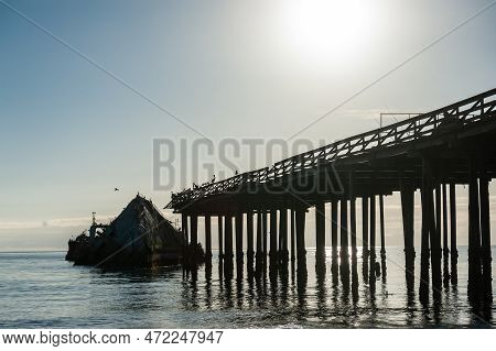 Silhoutte Of The Ss Palo Alto, An Old World War Ii Shipwreck Off The Coast Of Aptos, Californa