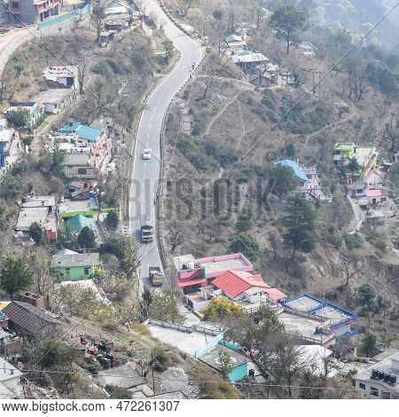 Aerial Top View Of Traffic Vehicles Driving At Mountains Roads At Nainital, Uttarakhand, India, View