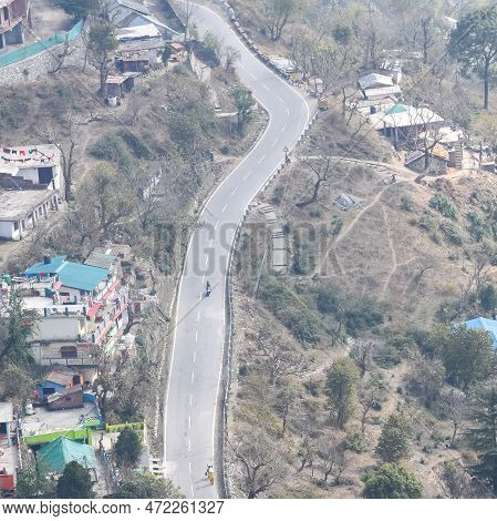 Aerial Top View Of Traffic Vehicles Driving At Mountains Roads At Nainital, Uttarakhand, India, View