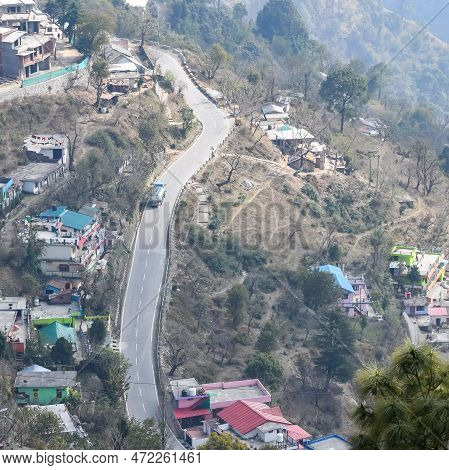 Aerial Top View Of Traffic Vehicles Driving At Mountains Roads At Nainital, Uttarakhand, India, View