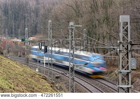 Blurred Fast Driving Czech Train With Double Railroad Using Motion Blur Effect