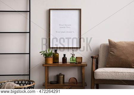 Warm And Cozy Interior Of Living Room Interior With Mock Up Poster Frame, Wooden Consola, Boucle Arm