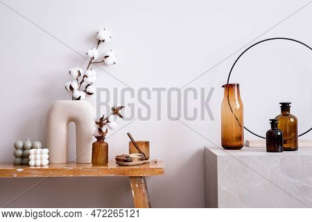 Scandinavian Composition With Wooden Bench, Decoration, Dried Flowers In Beige Vase, Glass Vase, Bub