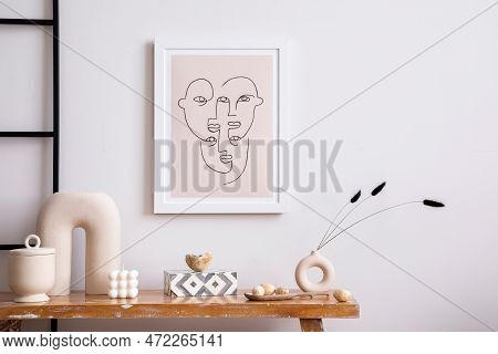 Scandinavian Composition With Mock Up Poster Frame, Wooden Bench, Dried Flowers In Vase And Personal